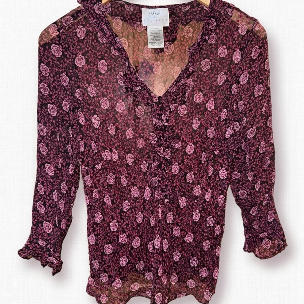 Vision Apparel | Vintage Silk Beaded Rose Print Ruffle V-Neck Blouse - Vero Moda